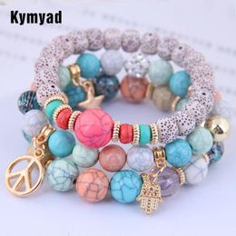 Link Bracelets Kymyad 3pcs/set For Women Bijoux Femme Crystal Ball Bracelet Peace Star Hand Pendant Multilayer