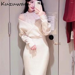 Casual Dresses Kuzuwata Sweet Stand Collar Long Sleeve High Waist Vestidos Fit Patchwork Off Shoulder Robe Japan Lace Knit Bodycon Dress