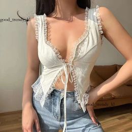 Women's Tanks Women Spaghetti Straps Camisoles Solid Colour Lace Trim Tie-up Front Sleeveless Sling Tank Tops Summer Vests Crop Streetwear 883