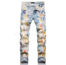 purple brand jeans Men's Jeans New Trendy Blue Paint Painted Polished White Pencil Stretch Skinny Men's Jeans Trendy