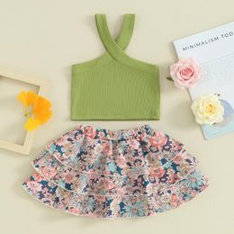 Clothing Sets Toddler Girl Summer Outfit Solid Colour Cross Sleeveless Tank Tops And Floral Print Ruffles Skirts 2Pcs Clothes Set