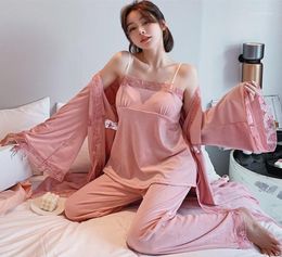 Winter nightwear Pyjamas Set Women Soft Keep Warm Sexy Sleepwear PJs 3PCs Full Sleeve Strap Nightgown Bath Robe Lingerie Suit13080652