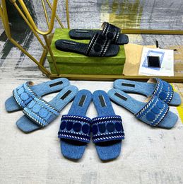 Designer new flat sandals denim beach rubber embroidered canvas summer and autumn mule outdoor luxury home slippers women beach herringbone slippers INS 35-41