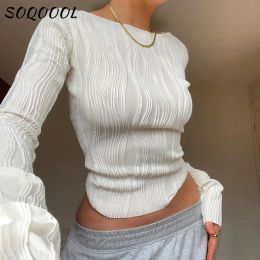 T-Shirts Ruched Long Sleeve Tshirts Women Crop Top Y2K Clothes 2023 Autumn Casual White Skinny Black Basic Tee Corset Pulovers T Shirt
