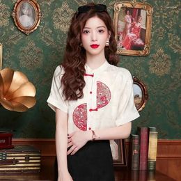 Women's Blouses Chiffon Embroidery Shirt Summer Flower Chinese Style Loose Short Sleeve Women Tops Fashion Clothing YCMYUNYAN