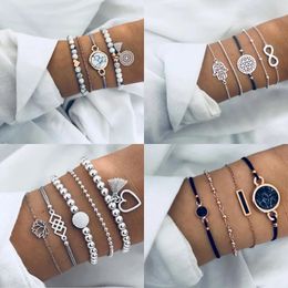 Boho Geometric Bracelet Bangle Sets For Women Vintage Star Map Hand Heart Charm Beads Chains Fashion Jewelry Accessories 240418