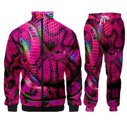 Men's Tracksuits Hoodie Sets Men Fashion Pink Snakeskin Goth Hip Hop Hoodies Pants Casual Jogger Suit Tracksuit Baseball Zipped Jacket