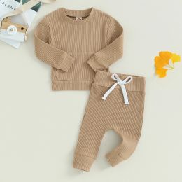 Sets Rib Solid Casual New Baby Boys Girls Clothing Set Autumn Tracksuit Long Sleeve Sweatshirt Elastic Sweatpants Infant Kids Clothes