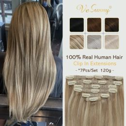 Extensions Extensions VeSunny Clip in Hair Extensions Human Hair Blonde Clip in Hair Extensions #16/22 Double Weft Real Silky Straight