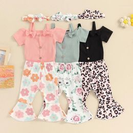 Clothing Sets Fashion Born Baby Girls Summer Outfit Short Sleeve Romper With Flower Leopard Print Flare Pants And Bowknot Headband