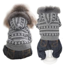 Rompers Dog Clothes for Small Dogs Spring Warm Luxury Fluffy Fur Collar Hooded Dog Coat Snowflake Pattern Pet Jumpsuit Jacket Chihuahua