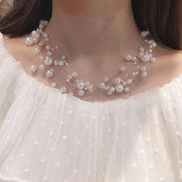 Necklaces Multilayer Wedding Statement Necklace Women Fashion Simulated Pearl Jewellery Party Invisible Line Choker Korean Maxi Colar Bijou