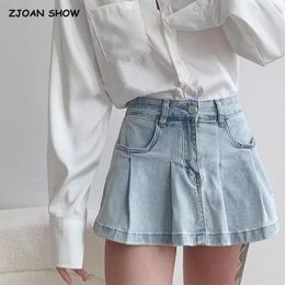 Women's Shorts 2024 American Retro High Waist Pleated Denim Skirts Sexy A-line Mini Skater Short Jeans Pants