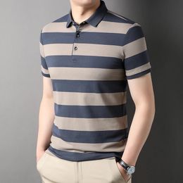 Summer Mens Polo Shirts With Short Sleeve Business Stripes Print Casual Tops Fashion Sport Wear Oversized T Man Clothes 240418