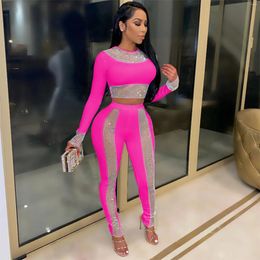 Women's Two Piece Pants Sparkle Crystal Set Autumn Shiny Long Sleeve Sequins Crop Top And Legging Party Club Wears Birthday Outfits MT887