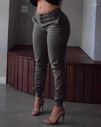 Women's Pants Casual Buttoned Pocket Detail High Waist Cuffed Temperament Commuting Summer Female Fashion Skinny Trousers