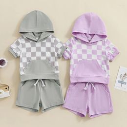Clothing Sets Toddler Baby Boy Girl Summer Clothes Short Sleeve Checkerboard Print Hooded Tops And Drawstring Shorts