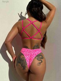 Women's Swimwear 2024 New Summer Backless Bandage Swimwear Leopard Print Sexy Deep V Neck One-Piece Suit Brazilian Bathing Suits Beachwear Bikini d240424