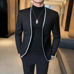 Suits Black Casual Men Suits with Round Collar 2 Piece Blazer with Pants Slim Fit Wedding Tuxedo for Groomsmen Male Fashion Clothes
