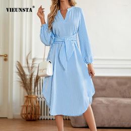 Casual Dresses Autumn Winter Product Elegant Beautiful Womens Dress Comfortable V Street Style Collar Stripe Tie Waist Shirt