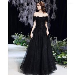 Party Dresses Sweet Memory Fashion Women Black Square Collar Prom Tulle Sleeve Shining Floor-Length Gown Banquet Evening Dress
