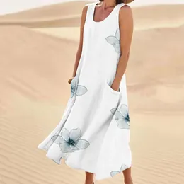 Casual Dresses Pocket Loose Long Tank Dress Women Summer Elegant Flower Printed Round Neck Midi Sleeveless Beach Sundress