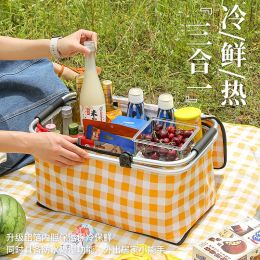 Baskets Outdoor Portable Picnic Basket, Large Capacity, Multilayer, Aluminum Foil Picnic Bag, Camping Storage, Foldable Insulation