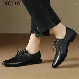 Casual Shoes Genuine Leather Loafers Spring/Autumn French Retro Round Toe Chunky Heels Lace Women Pumps For Comfort Low