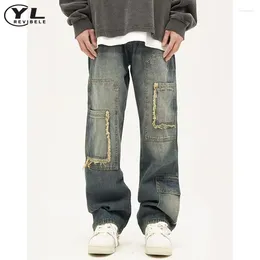 Men's Jeans Vintage Washed Man High Street Hip Hop Spring Flash Denim Pants Multi Pocket Male Casual Straight Wide Leg Cowboy Trousers