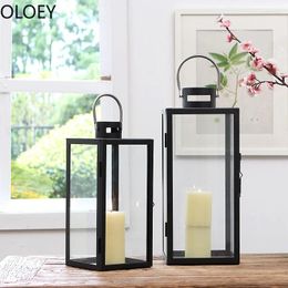 Candle Holders Iron Hanging Vintage Holder Glass Black Simple Metal Lantern Outdoor Camping Candelabra Wedding Centrepieces Party