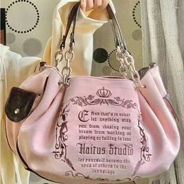 Totes Y2K Women Pink Vintage Gothic Tote Bag Aesthetic Large Capacity Embroidery Letter Retro Ladies Grunge Chain Travel Shoulder Bags