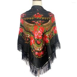 Scarves 120 120cm Women Russian Square Scarf Luxury Floral Print Bandana Ukraine Fringed Shawls Babushka Head Ethnic
