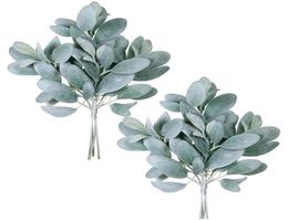 Decorative Flowers Wreaths 8Pcs Artificial Flocked Lambs Ear Leaves Stems Faux Lamb039s Branches Picks Greenery Sprays For Vase2141218