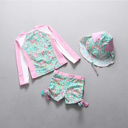 Women's Swimwear Pink Floral Sun Hat 3-Piece Girl Children 2024 Toddler Baby Swimsuit Kids 2-Piece Swimming Long Sleeves Swim Wear Suit