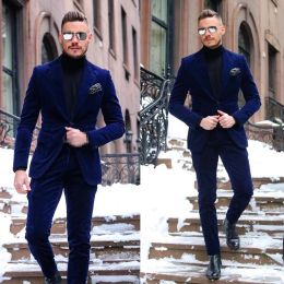 Jackets Costume Homme Dark Blue One Button Velvet Mens Prom Suit Notched Lapel Wedding Tuxedos For Men 2 Pieces Blazers (Jacket+Pant)