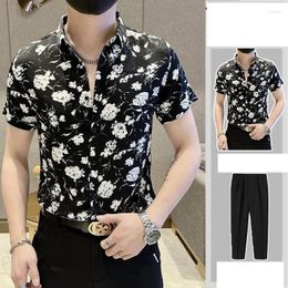 Men's Tracksuits Summer Clothing Turn-down Collar Button Flower Short Sleeve T-shirt Zipper Solid High Waist Pockets Pants Sets