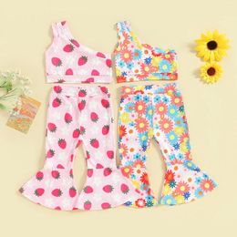 Clothing Sets Toddler Girl Pants Outfit Floral/Strawberry Print One Shoulder Tank Tops With Flare Long 2 Pcs Summer Clothes