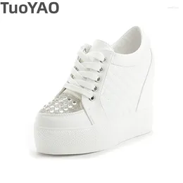 Casual Shoes 11cm Genuine Leather Platform Wedge Wedding Chunky Sneaker Comfort High Brand Rhinestone Spring Bling Autumn