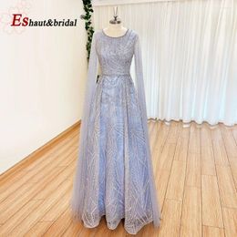 Party Dresses Luxury Dubai Sky Blue Arabic Lace Evening Prom Dress With Cape Sleeves 2024 Aline Formal Wedding Guest Gown For Women