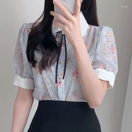 Women's Blouses Elegant Turn Down Collar Women Tops Single Breasted Floral Printed Chiffon Blouse Summer Short Sleeved Bowknot Lace Shirt