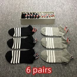 Socks Men's Tb Thom Brand White 4bar Stripes Ankle Socks Women's Street Sports High Quality Boat Stockings Ins 6 Pairs