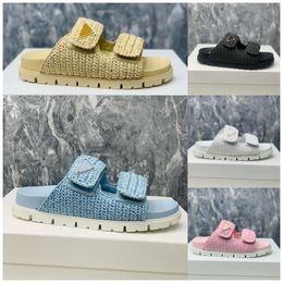 Woven Platform Slip Slippers Womens Raffia Comfort Summer Sandals Signature Triangle Open Toe Shoes Luxury Designer for Vacation Mules Beach Pool