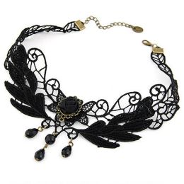 Necklaces 1PC Gothic Jewellery False Collar Statement Necklace Women's Style Black Fabric Rose Flower Beads Pendant Choker Lace Necklace