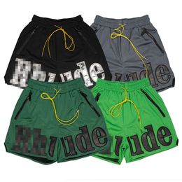 Trendy RHUDE Patchwork Letter Embroidery Drawstring Mesh Basketball Shorts for Men and Women High Street Beach Shorts