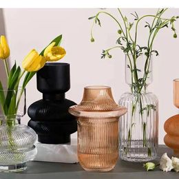 Vases Vertical Stripes Relief Transparent Glass Vase Hydroponics For Flowers Flower Arrangement Desk Decoration Modern Decor