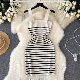 Basic Casual Dresses Striple 2024 Sexy Summer Knit Strap Dress Women Tank Elatic Waist Bodycon Sundress Female Beach Backless Midi DressL2403