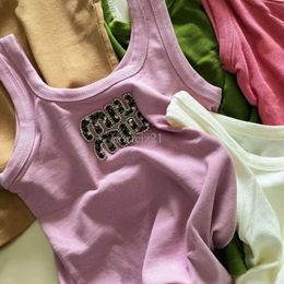 Miui Shirt Women's T Shirt Designer Tee Summer Miui Nail Bead Letter Heavy Industry Tight Fitting Vest New Slimming Suspender Bottom Sleeveless Mui Mui Top Shirt 1881