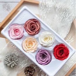 Faux Floral Greenery 6Pcs/Box A Grade High Quality Preserved Rose Head Immortalised 5-6 Diameter Eternal Roses Christmas MotherS Day Gift Box T240422