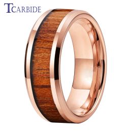 Rings 8mm Koa Wood Ring Men Women Tungsten Wedding Band Bevelled Polished Finish Excellent Quality Classic Gift Jewellery