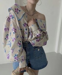 Women's Blouses 4Colors 2024 Korean Style Spring Autumn 2 Ways Wearing Loose Floral Print Blouse Shirts Long Sleeve Office Female (w6759